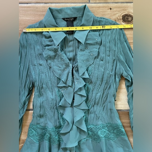 Vintage Y2K Top Sunny Tylor PS Turquoise Ruffle Flare Sleeve Fairy - Picture 3 of 9